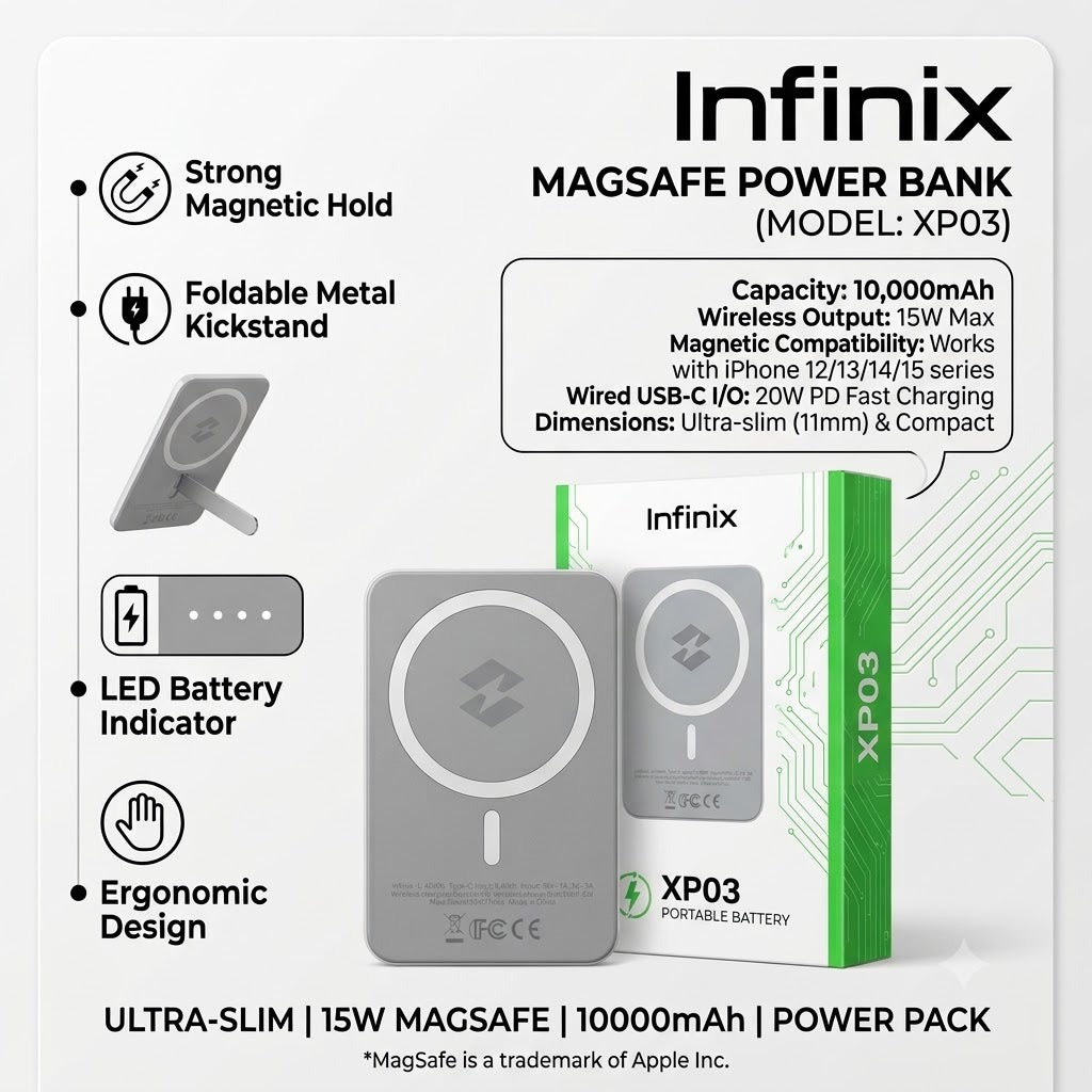 Infinix XP03 Wireless MagPower Bank – Magnetic Fast Charging | 6-Month Replacement Warranty & Free Shipping